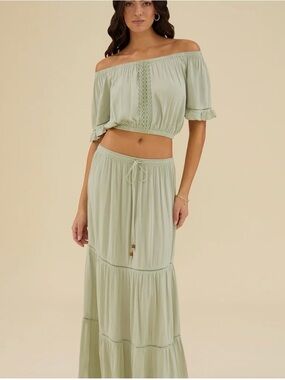 Rachel Parcell Sage Green Off-Shoulder Tiered Maxi Skirt